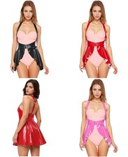 Womens Skirts With Belt Lingerie Wet Look Faux Leather Cosplay Tops Erotic Y2K