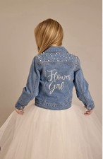 David  s Bridal Rhinestone And Pearl Flower Girl Denim Jacket Size Large Girls 8