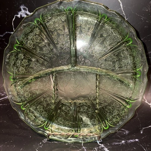 Green Uranium Depression Glass Jeanette Cherry Blossom 9” Plates