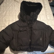 Black Quilted Hooded Short Puffer Jacket Zip Pockets Women's Size Regular