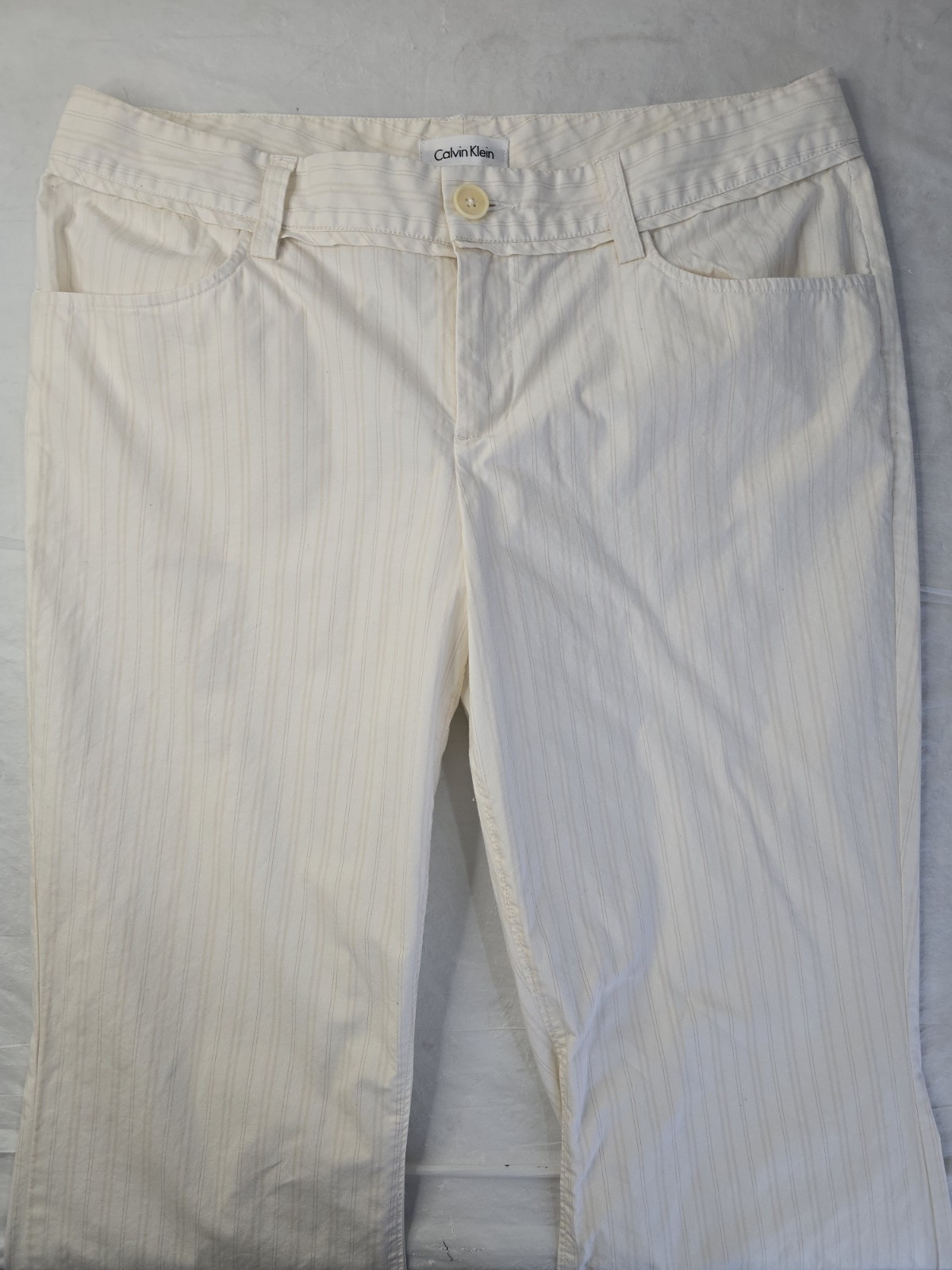 Calvin Klein Dress Pant Ivory Cream Pinstripe Dramatic Flared Leg Y2K Officewear thumbnail 4
