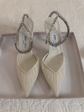Jimmy Choo Saeda 85 Ruched Tulle Ivory Leather Crystal Pointed Toe Pumps 8.5 /39