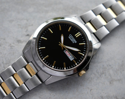 Citizen Quartz Two Tone Men's Solar Quartz Bracelet Watch Black Dial Day Date