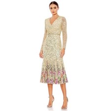 Mac Duggal A5589 Sequin Long Sleeve Tea-Length Dress – Gold Multi size 6  NWT