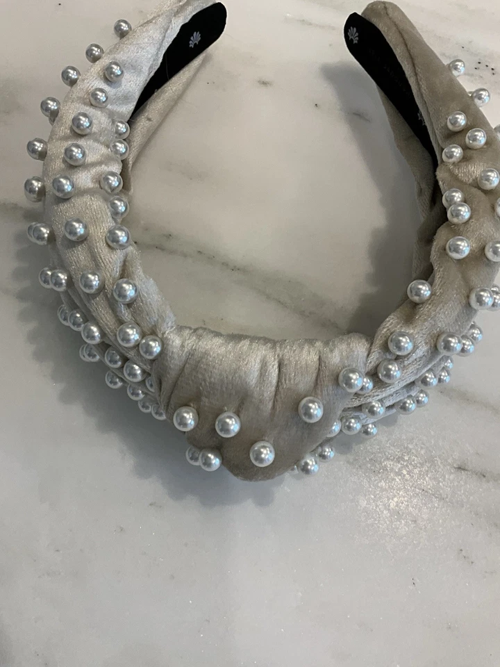 Lele Sadoughi Tan Pearl Velvet Knot Headband/New - Image 2 of 4