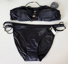 VS Archives Black Strappy Gold Hardware Bandeau Bikini 2pc Set Women Size XL