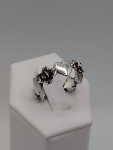 Vintage Artist Handmade Flower And Heart Sterling Silver Ring Size 10