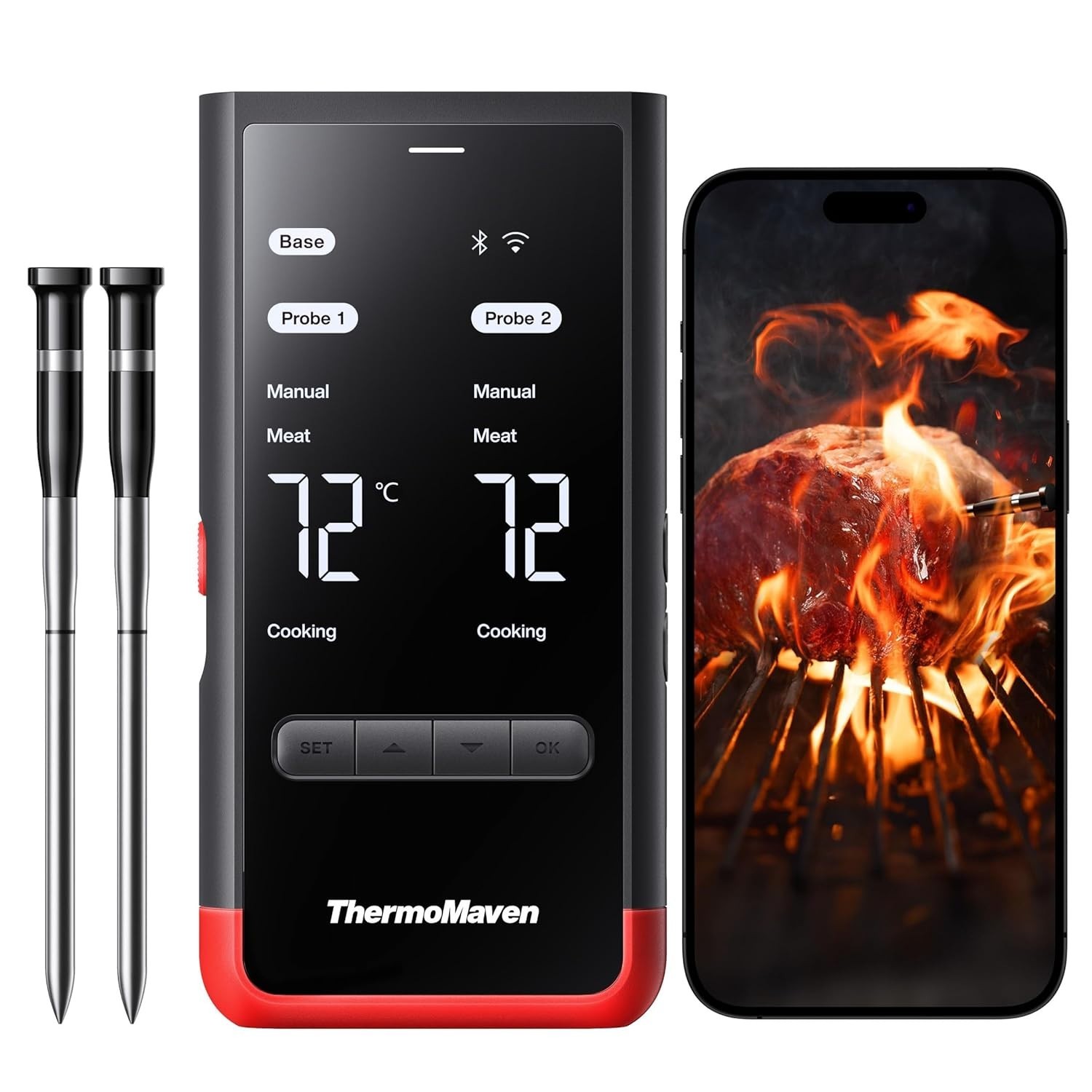Thermomètre à viande sans fil Bluetooth 5.3 avec sonde inox de 152m pour barbecue