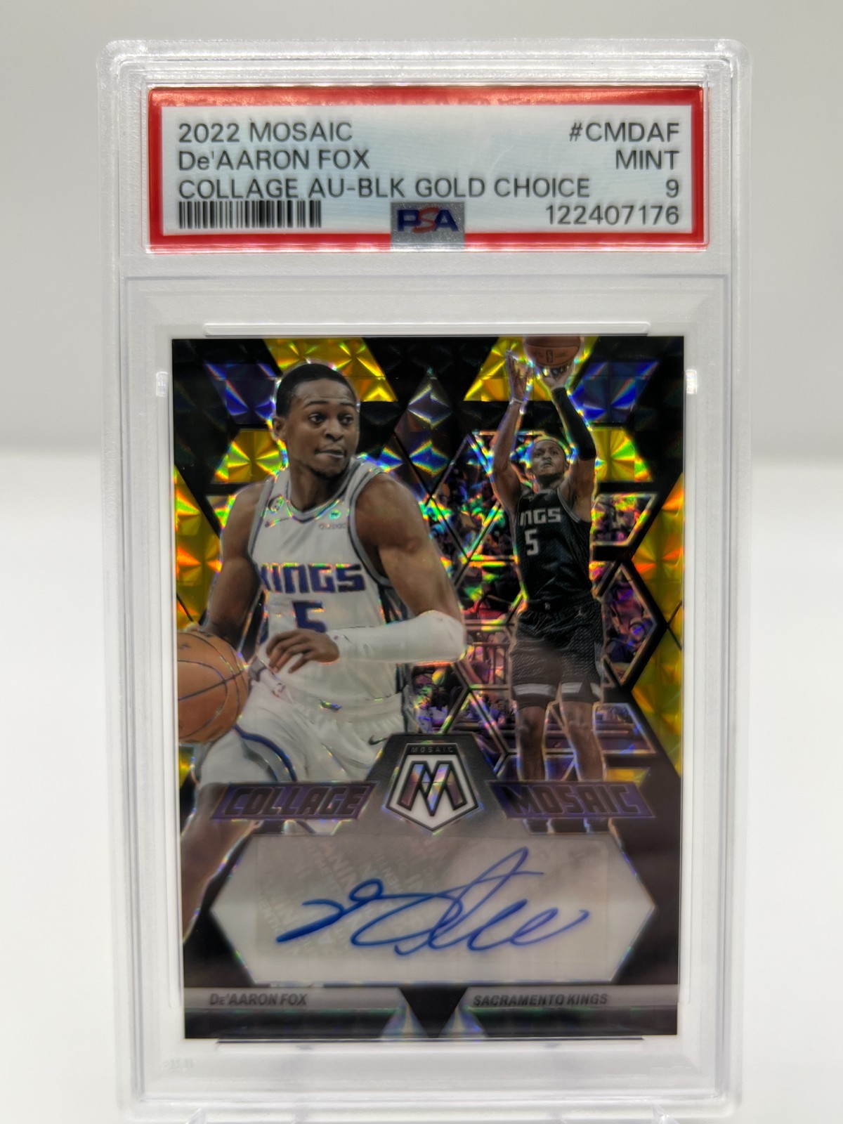 2022 PANINI MOSAIC DEAARON FOX 4/8 COLLAGE BLACK GOLD CHOICE AUTO CM-DAF PSA 9