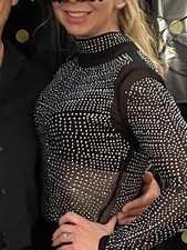 Women  s Black Rhinestone Mock Neck Long Sleeve Sheer Stretch Bodysuit