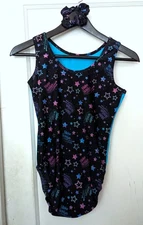 Plum Practicewear Gymnastics Leotard Flip Side Blue Rhinestones Scrunchie Sz AM