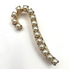 Vintage 90s Gold Tone Faux Pearl Candy Cane Brooch Pin Retro Statement Jewelry
