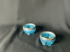 Pair of Vintage Blue Pressed Glass Votive Candle Holders - Silver Rim & Footed