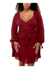 B DARLIN Womens Balloon Sleeve Scoop Neck Short Party Fit + Flare Dress