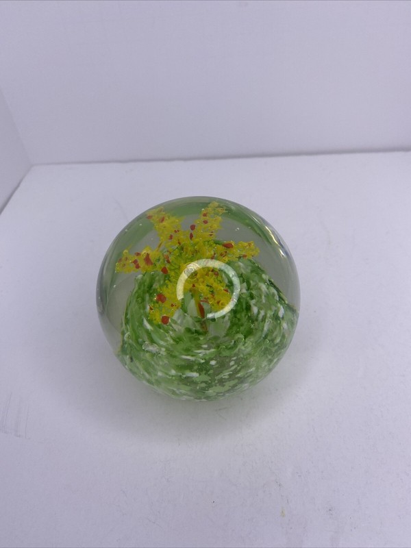 Vintage James Alex Yellow & Orange Flower and Multi Green Paperweight-Large