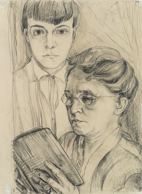 C. FELIXMÜLLER (*1897) Umkreis, Lesende mit Knaben, Bleistift Moderne 1900-1924
