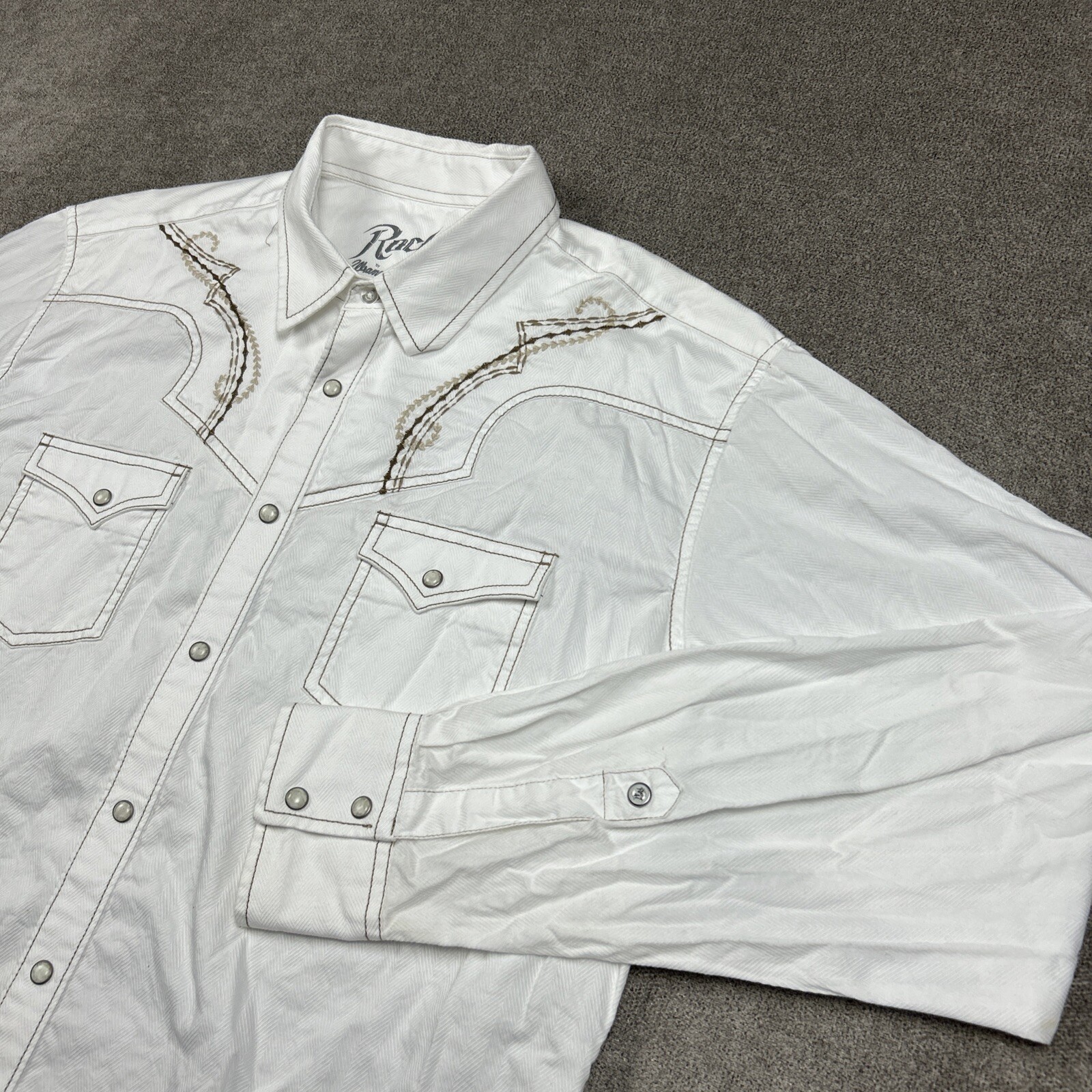 Wrangler Rock 47 Shirt Mens XL Western Cowboy Pearl Snap Embroidered Yoke White