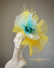 Royal Ascot Fascinator Bridal Hat Yellow Aqua Blue Rose Flower Kentucky Derby