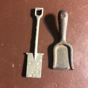 2 Vintage Miniature Toy Shovels, Metal: Spade & Coal Shovel