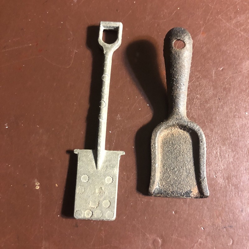 2 Vintage Miniature Toy Shovels, Metal: Spade & Coal Shovel