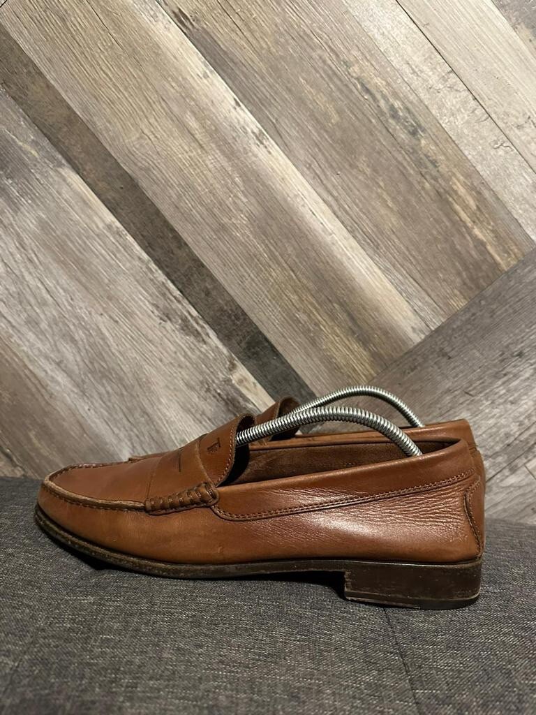 TODs Brown Leather Penny Loafer Mens 10 Wood Bottom Shoes
