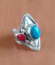 Tibetan Silver Coral Turquoise Ring Adjustable
