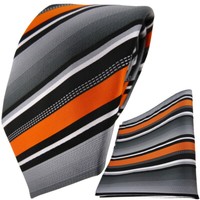 Tigertie Designer Krawatte + Einstecktuch In Orange Silber Grau Weiss Gestreift