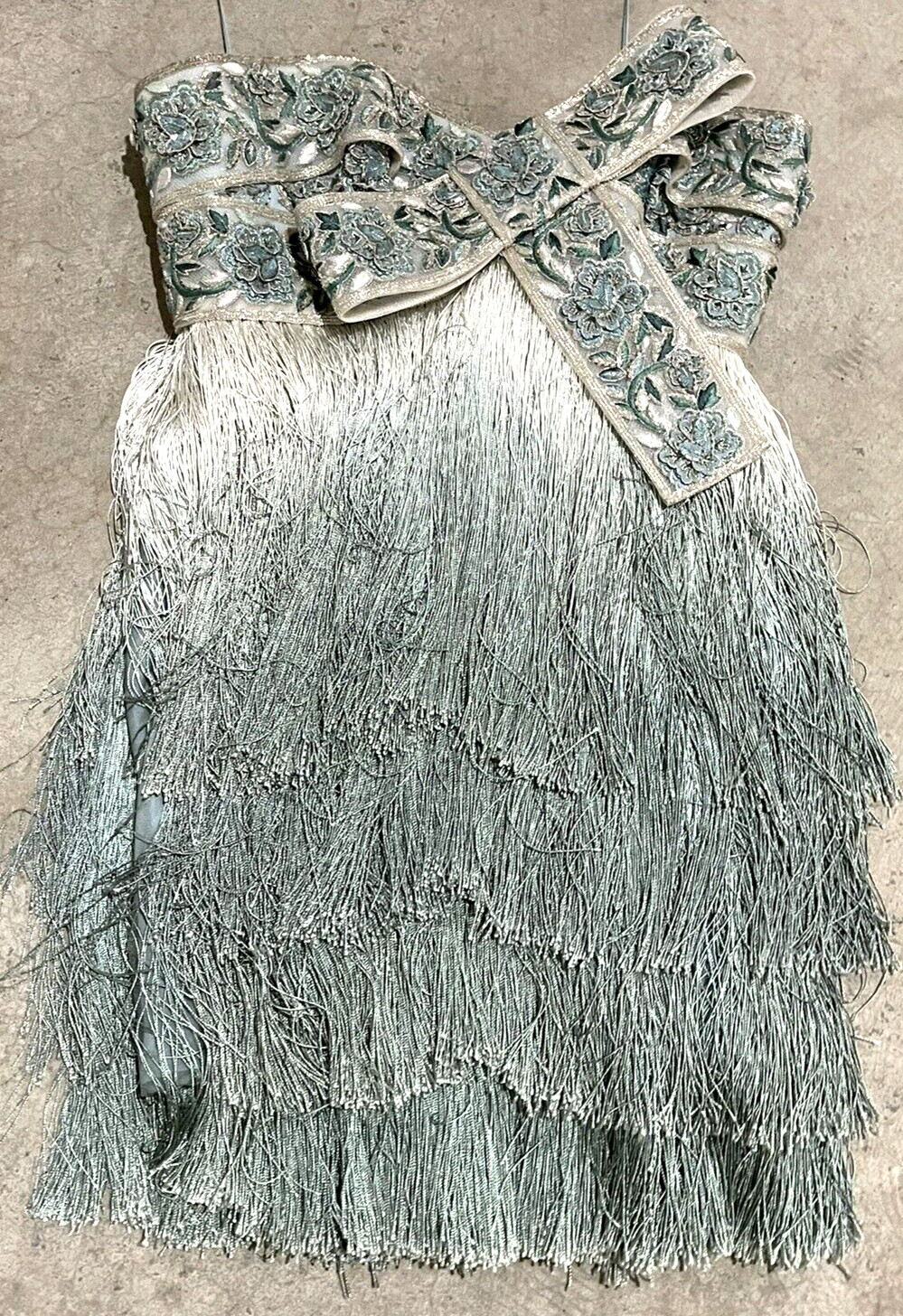 MARCHESA Couture Runway Fringe Bow Embellished Blue Beaded Cocktail Dress US 10 image 5