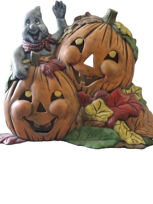Vintage Ceramic Light Up PUMPKIN Ghost HAUNTED  HALLOWEEN 10'' READ!!!
