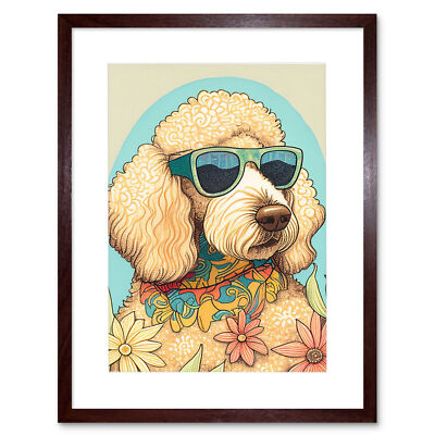 Pudel Hund Sonnenbrille Bandana Gänseblümchen gerahmter Wandkunstdruck Bild 12 x 16