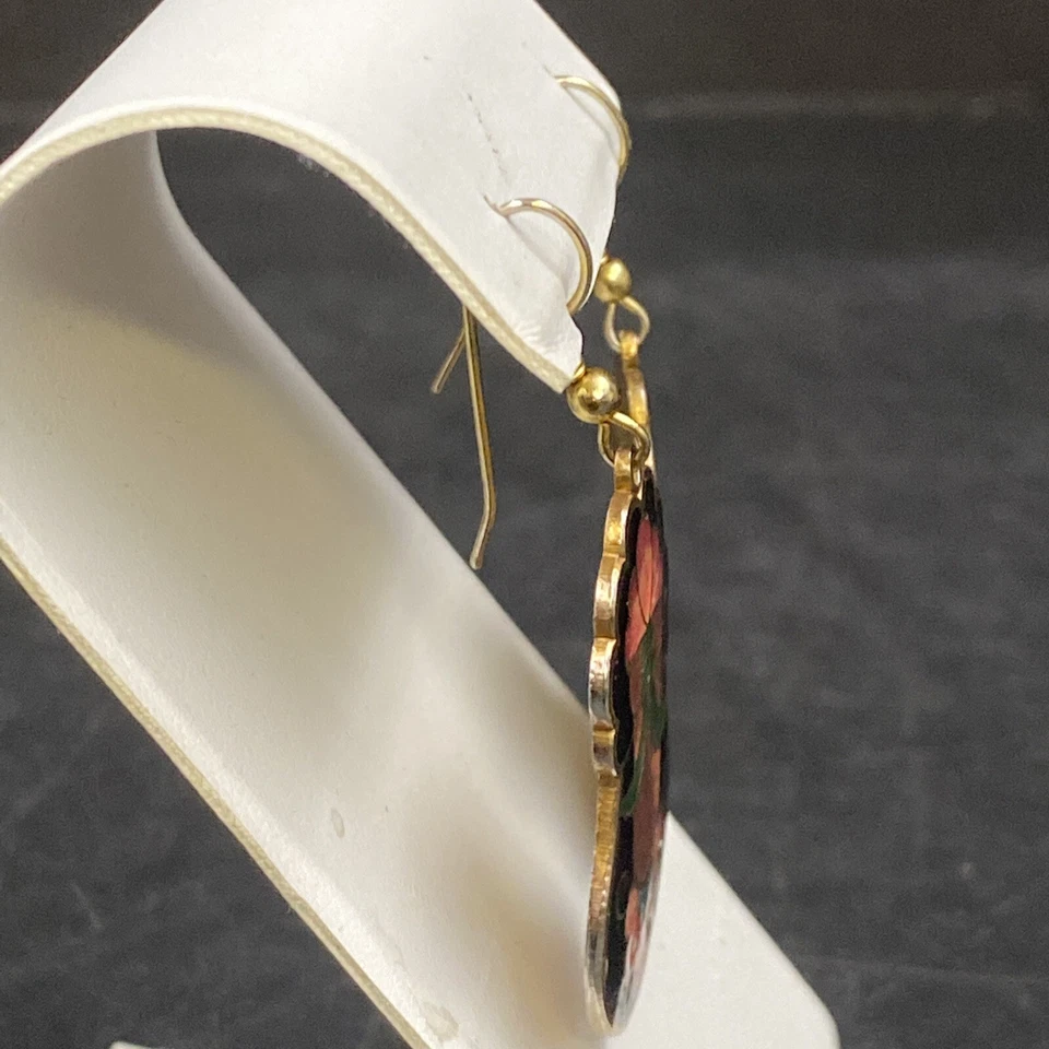 Vintage 80s 90s Cloisonne Shield Black Pink Enamel Dangle Earrings Boho Retro - Image 2 of 4