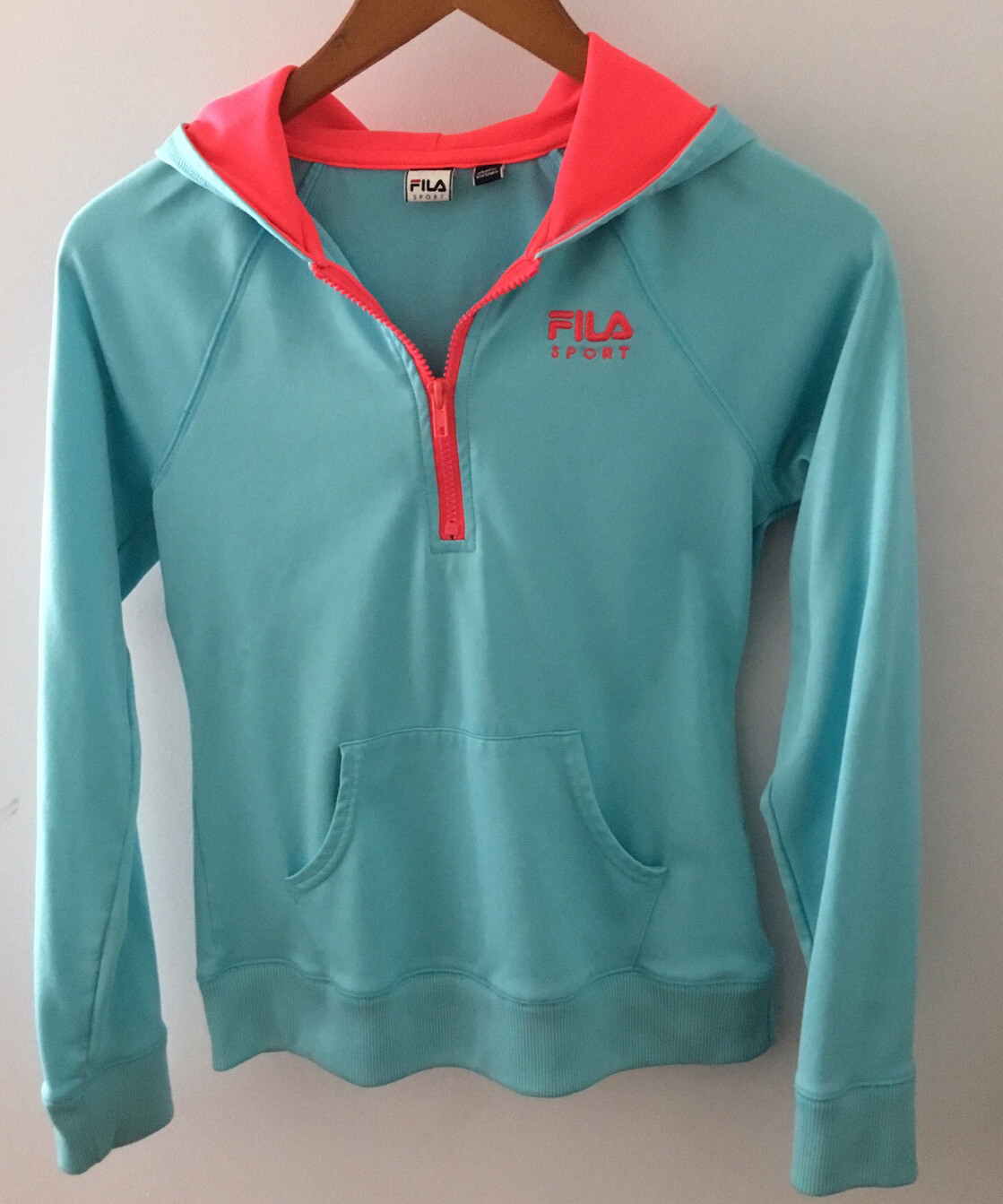 Fila Sport Pullover Felpa Tasca Felpa con Cappuccio Ragazza Taglia 14 Blu Rosa