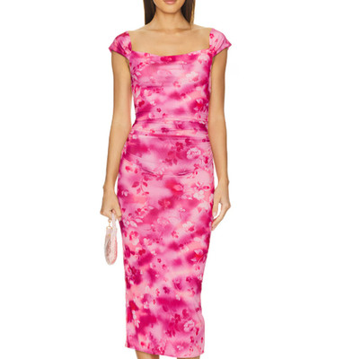 Amanda Uprichard Rebecca Floral Bodycon Midi Dress Size Small Pink Drape Stretch