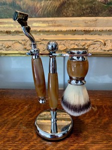 Golddachs Chrome Shaving Set, Razor, Badger Brush (Brown) Stand Made in Germany