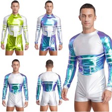 Herren Alien kostüm Roboter Cosplay Overall Metallisch Glänzend Langarm Bodysuit