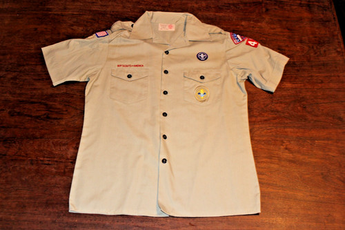 Boy Scouts of America BSA Youth Shirt Tan X-Large XL Sewn Patches Short Sleeve