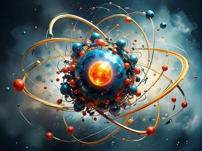 Stylized Abstract Depiction of an Atom Particles Spheres Orbits Art Print