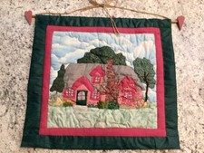 Quilted Appliqué Embroidered Folk Art Thatched Roof Cottage Wall Hanging 20”x17”