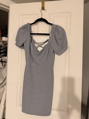 Lovely Day Gray Silver Glitter Short Puff Sleeve Bodycon Dress Scoop Neck L  | eBay