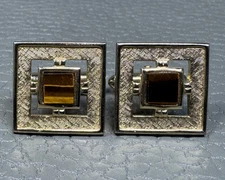 Vintage Shadow Box Tiger's Eye Yellow Gold Plated Cuff Links by Swank