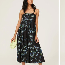 Les Reveries Black Floral Midi Dress SIZE 0 Babydoll Chain Straps Designer $515