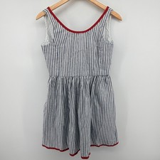 Ralph Lauren Blue White Striped Sleeveless Dress Red Ric-Rac Trim Size 16