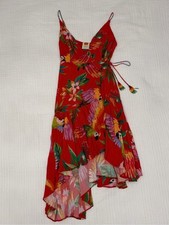 farm rio red macaw ruffled wrap dress