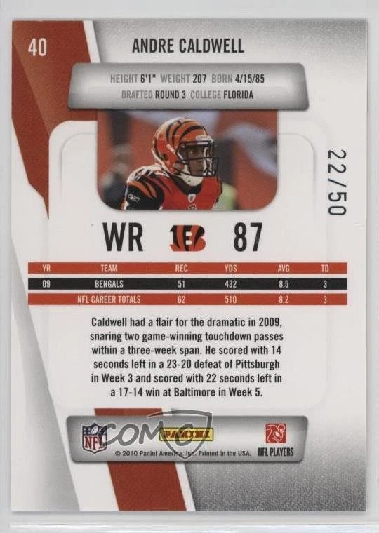 2010 Playoff Prestige Xtra Points Purple /50 Andre Caldwell #40 - Image 2 of 2