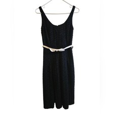 Luxe By Carmen Marc Valvo Black Textured Midi Fit & Flare Dress with White Belt