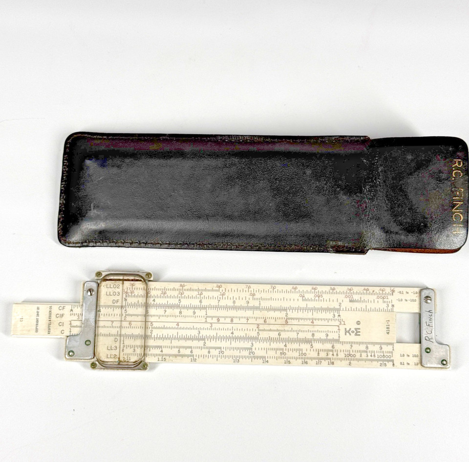 K&E Log Log Duplex slide rules are the holy grail for collectors — this 1950s pocket version in leather case is a legitimately prestigious find.