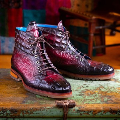 Paul Parkman Men's Crocodile Textured Leather Bordeaux Burnished Boots 12811-BRD