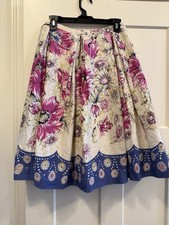 Talbots Floral Pleated Cottagecore Cotton Skirt Ivory Pink Blue Knee Length GUC