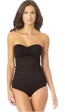 Anne Cole Solid Twist Front Shirred Bandeau Tankini Swim Top Black Size L