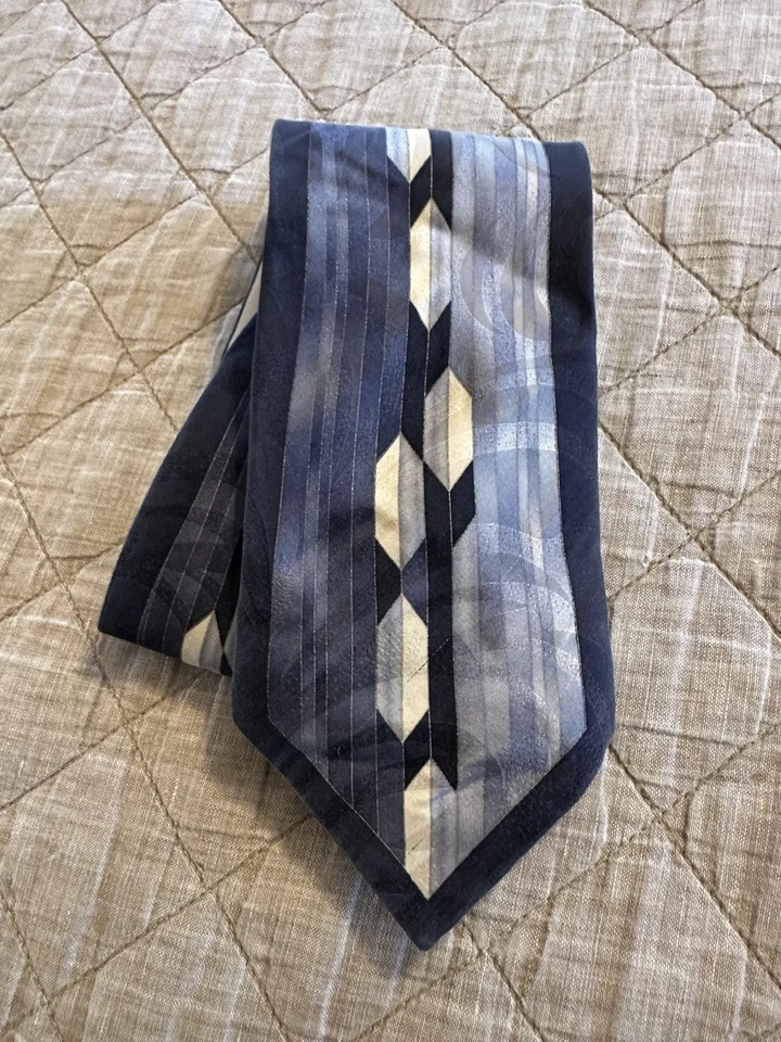 Stacy Adams 100% Silk Neck Tie Blue Handmade Art Deco Geometric - Image 4 of 4